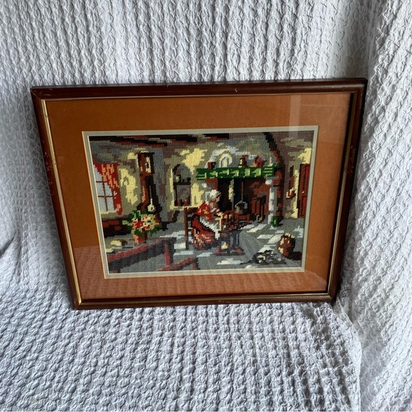 Vintage needlepoint cross stitch wall art cottage fireplace scenes - Picture 8 of 9